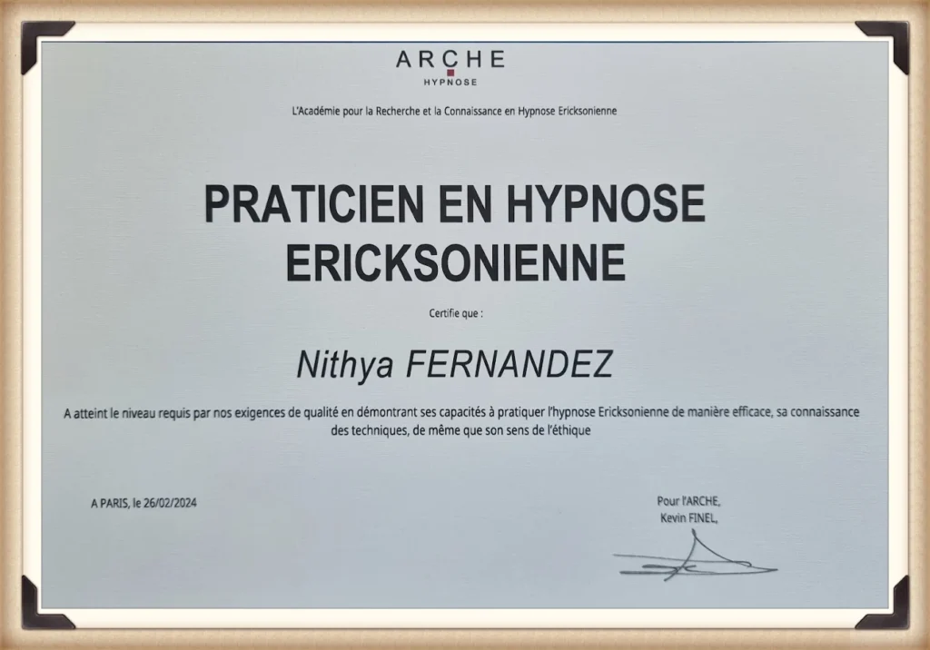 Diplôme de praticienne en hypnose Ericksonienne décerné par l’ARCHE en février 2024.